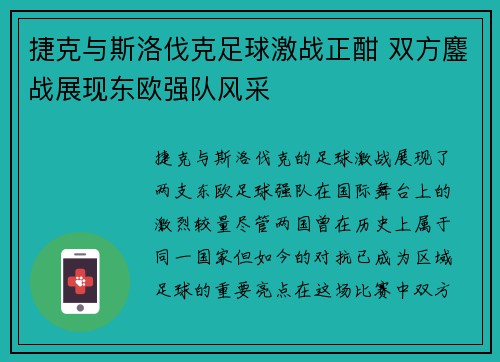 捷克与斯洛伐克足球激战正酣 双方鏖战展现东欧强队风采